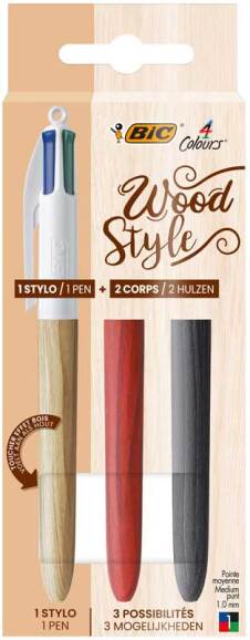 4-kleuren balpen "Wood Style" set van 1 stuk + 2x lichaam (Blister)
