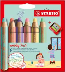 Crayon "Woody 3 in 1" set de 6 pièces + taille-crayon - Pastel (Blister)