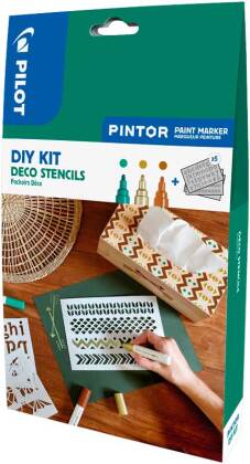 DIY-set: 5 deco sjablonen "Pintor" met 3 medium verfmarkers (Blister)