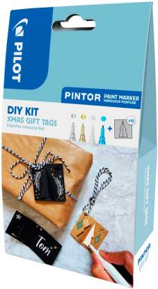 DIY-set: 10x Xmas geschenk label "Pintor" met 4 fijne verfmarkers (Blister)